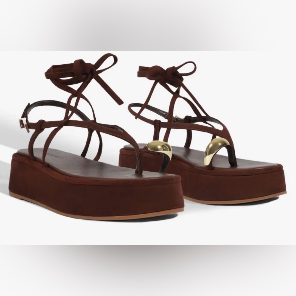SCHUTZ Brown Platform Ankle-Tie Sandals with Gold Accent
